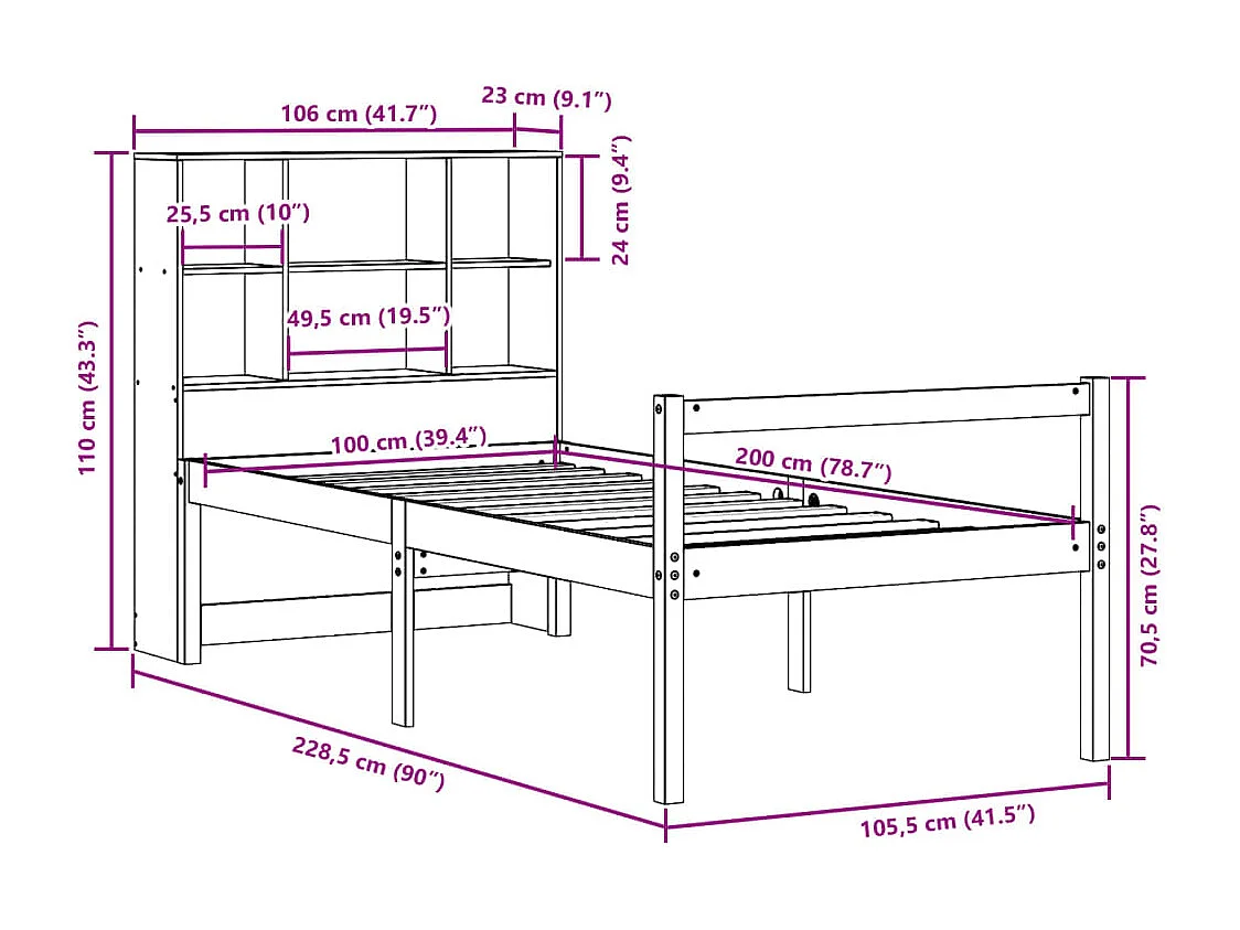 Bed met boekenkast zonder matras massief grenenhout 100x200 cm