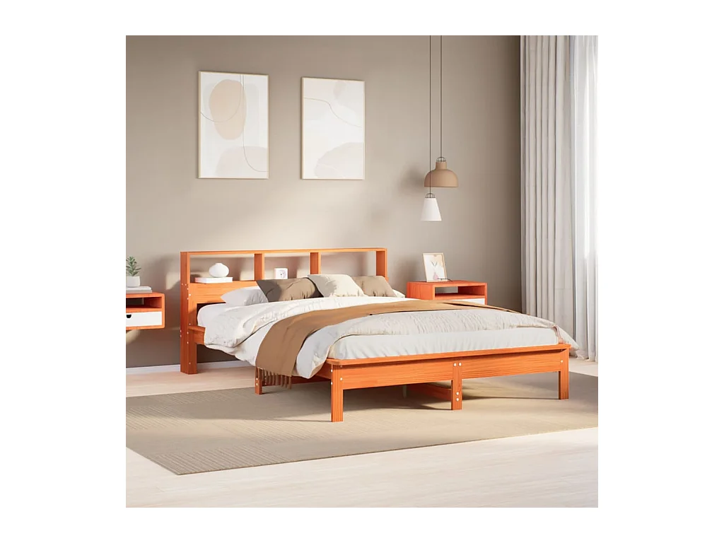 Lit bibliothèque sans matelas cire marron 120x200 cm pin massif