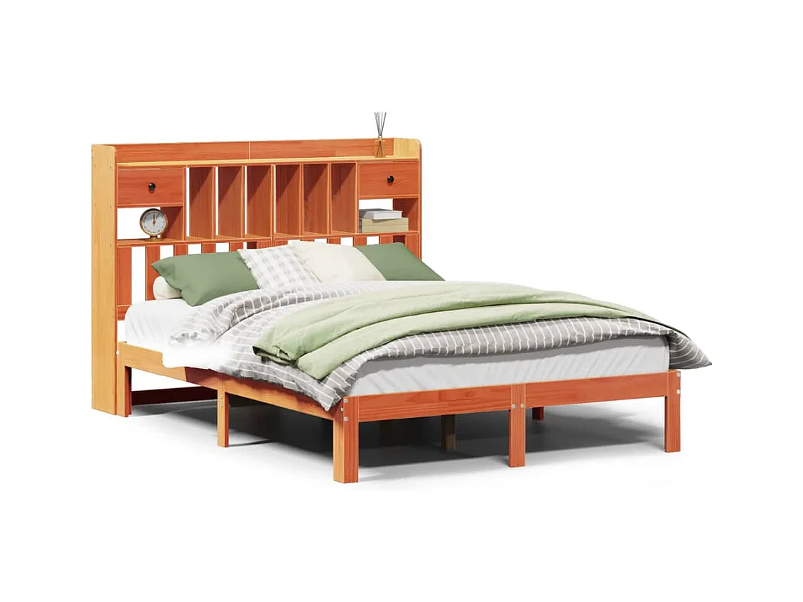Lit bibliothèque sans matelas cire marron 140x190 cm pin massif