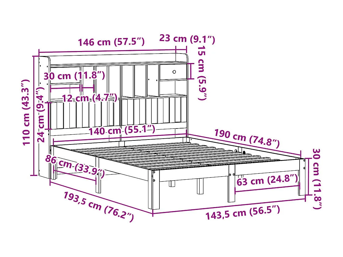 Bed met boekenkast zonder matras grenenhout wasbruin 140x190 cm