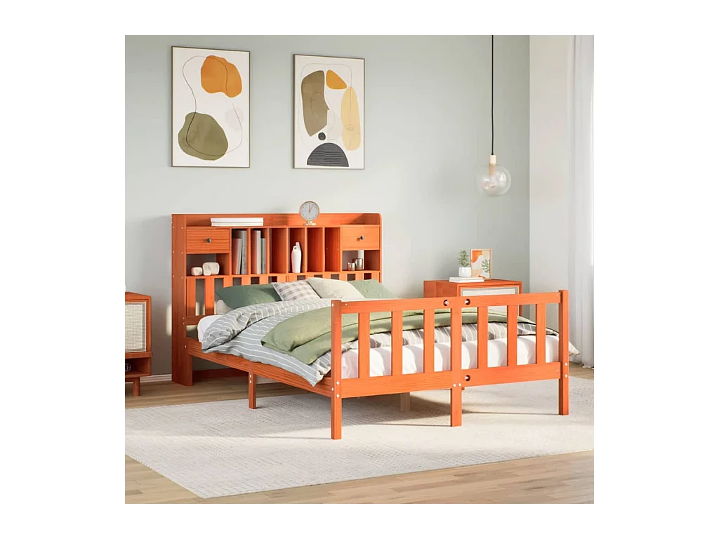 Lit bibliothèque sans matelas cire marron 140x190 cm pin massif