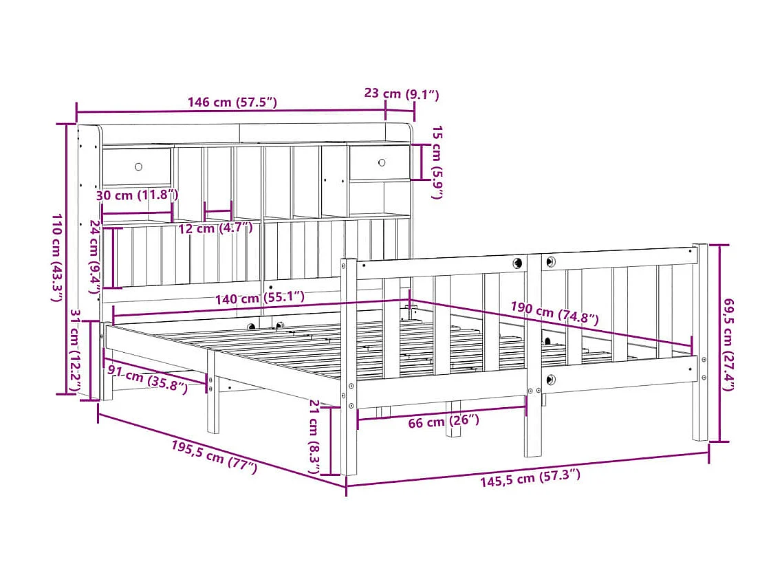 Letto Libreria senza Materasso Marrone Cera 140x190 cm in Pino