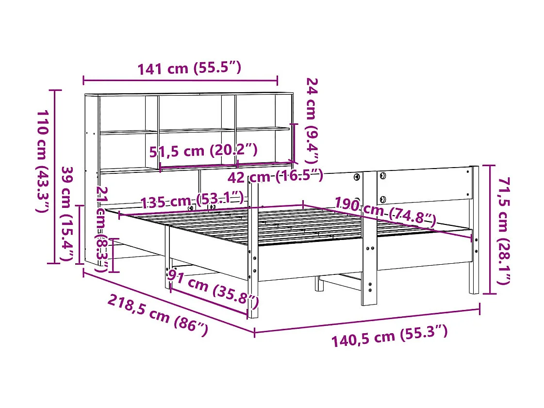 Lit bibliothèque sans matelas cire marron 135x190 cm pin massif