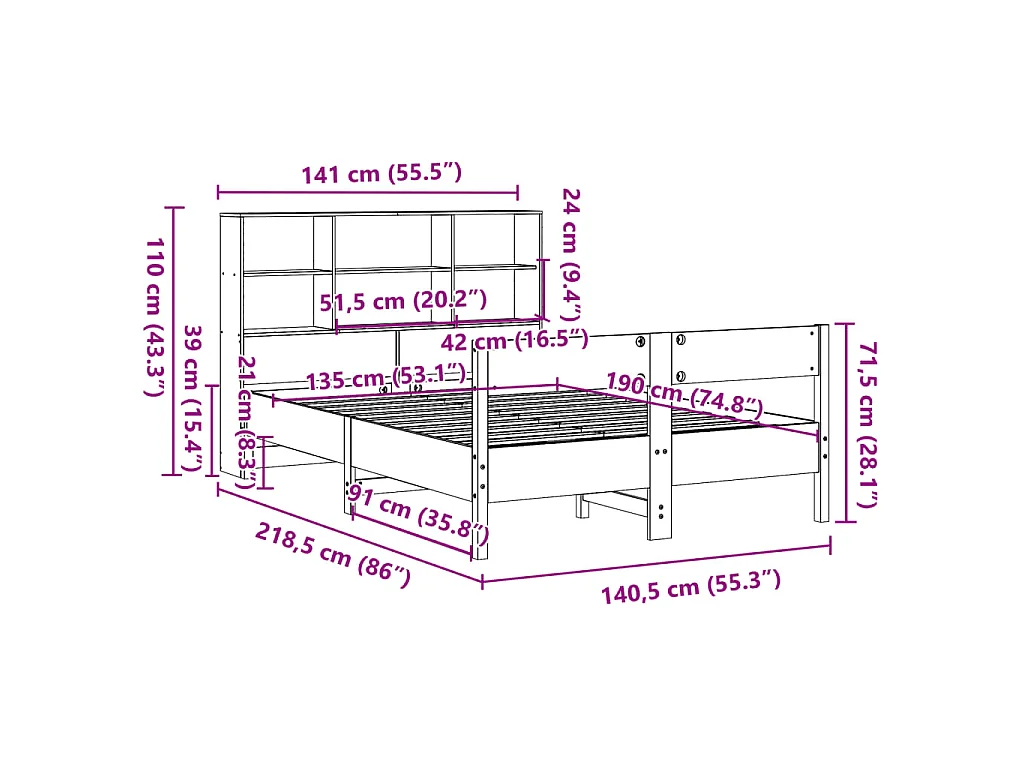 Lit bibliothèque sans matelas cire marron 135x190 cm pin massif