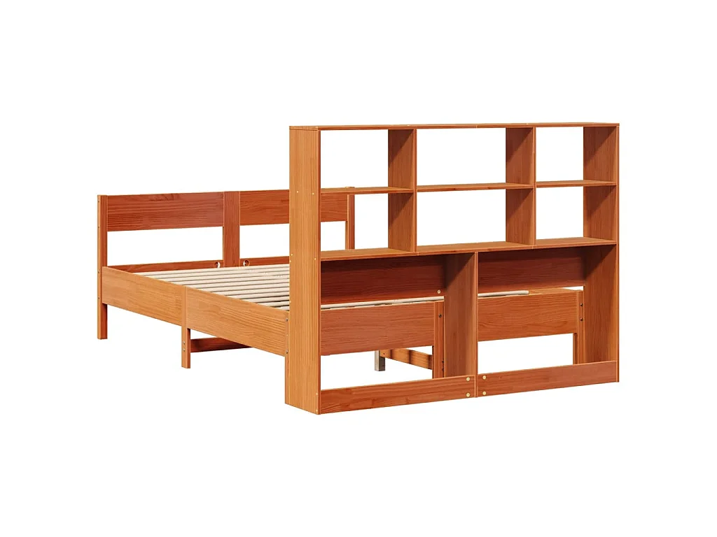 Lit bibliothèque sans matelas cire marron 135x190 cm pin massif