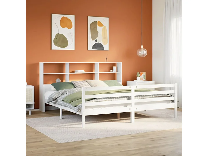 Lit bibliothèque sans matelas blanc 200x200 cm bois pin massif