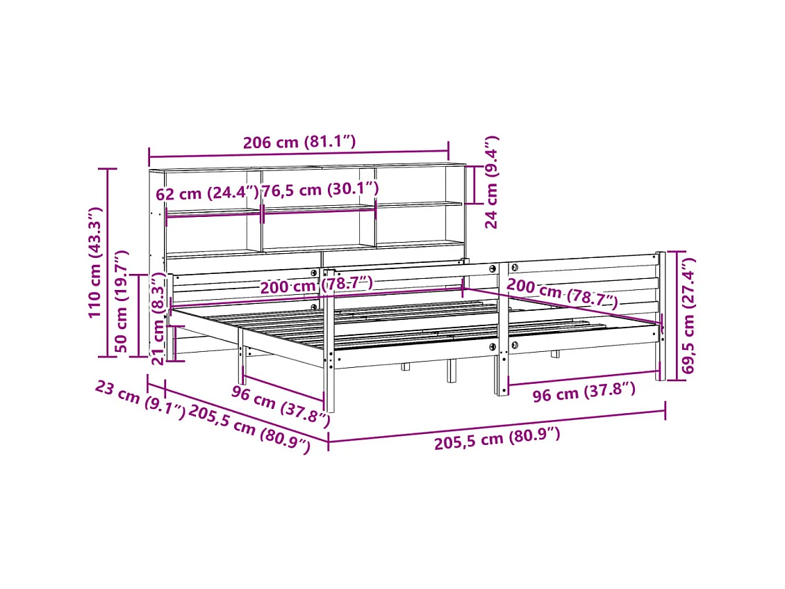 Lit bibliothèque sans matelas blanc 200x200 cm bois pin massif