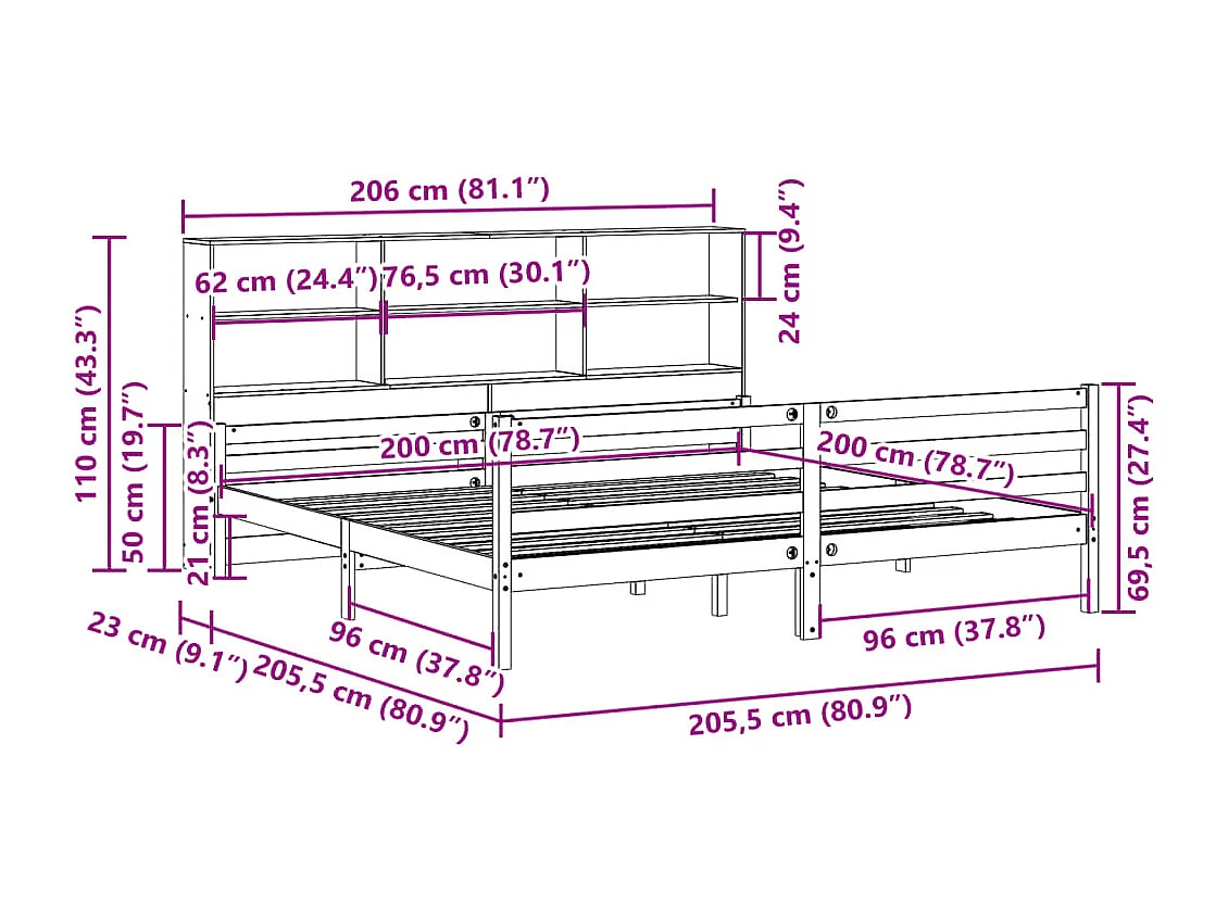 Lit bibliothèque sans matelas blanc 200x200 cm bois pin massif