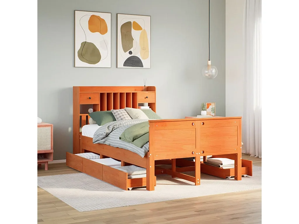 Letto Libreria senza Materasso Marrone Cera 135x190 cm in Pino