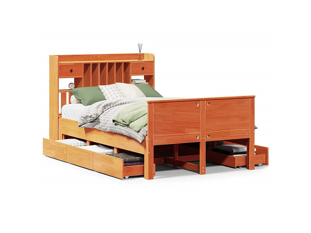 Lit bibliothèque sans matelas cire marron 135x190 cm pin massif