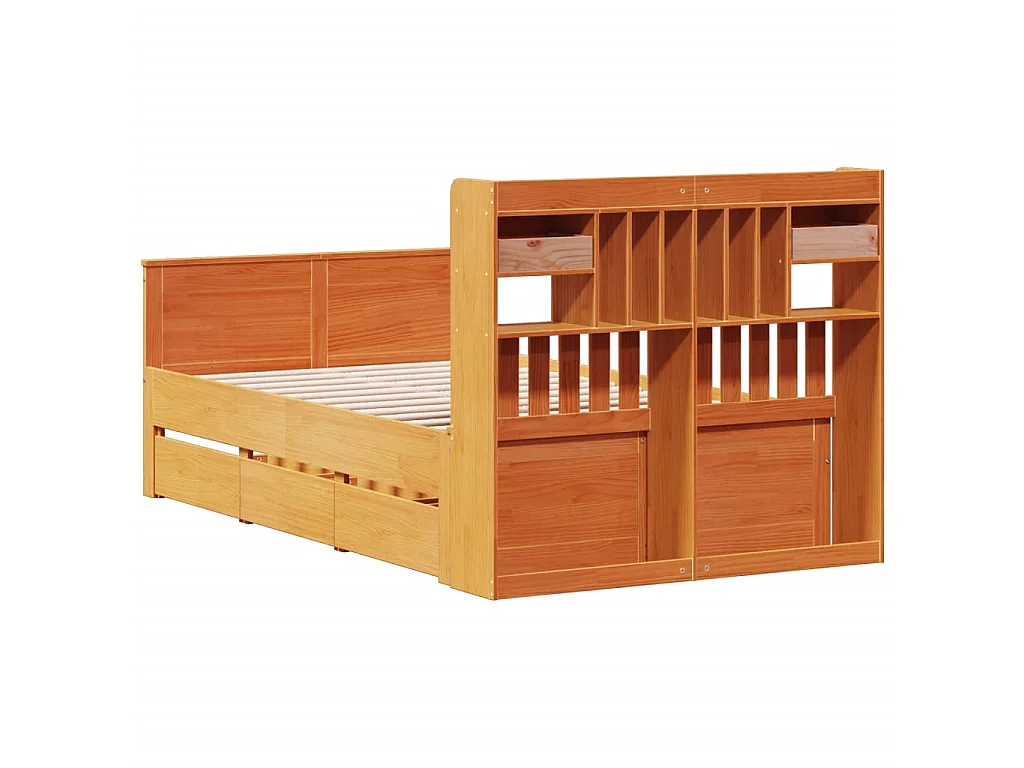 Lit bibliothèque sans matelas cire marron 135x190 cm pin massif