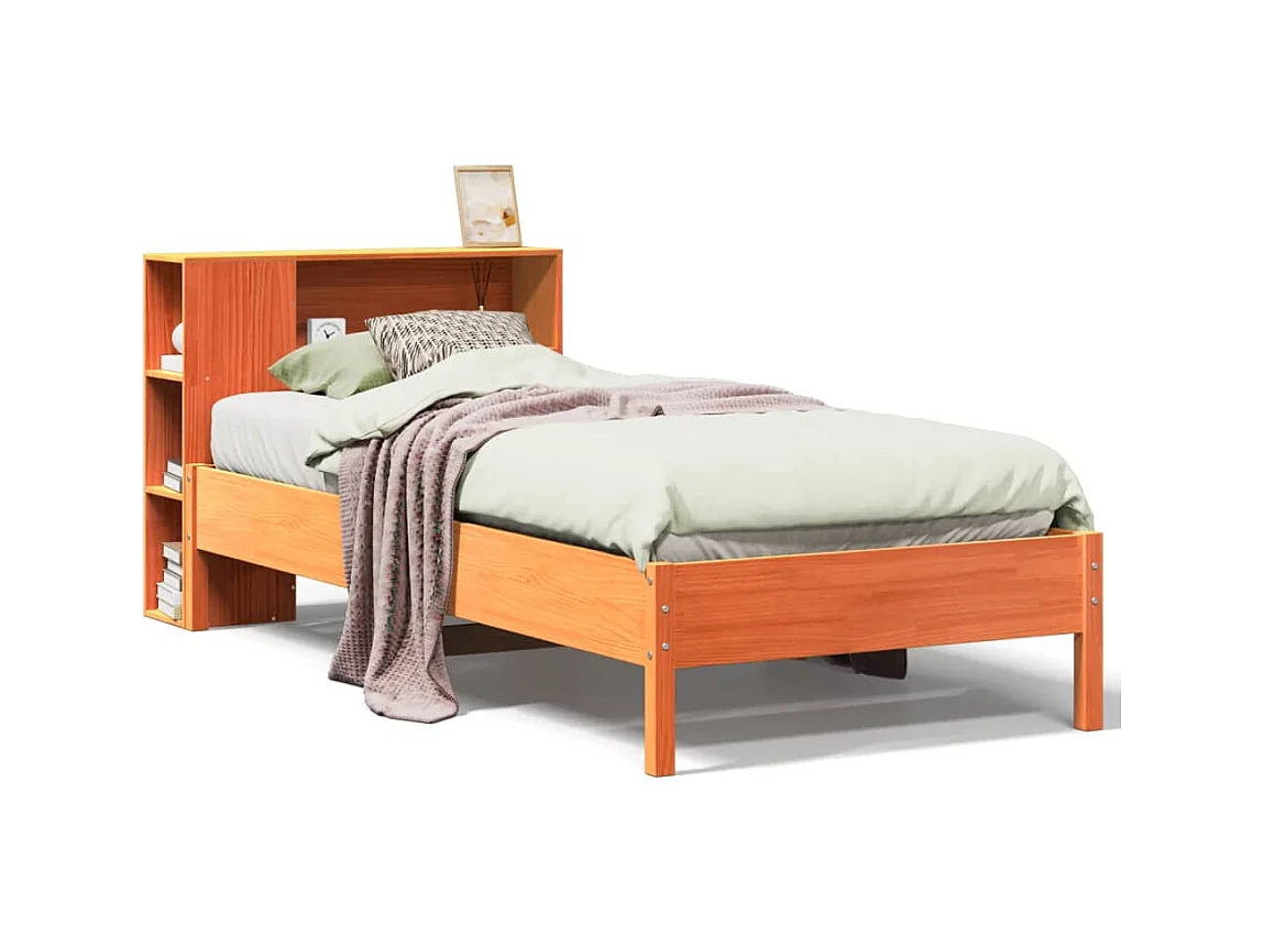 Massivholzbett mit Regal ohne Matratze Wachsbraun 100x200 cm