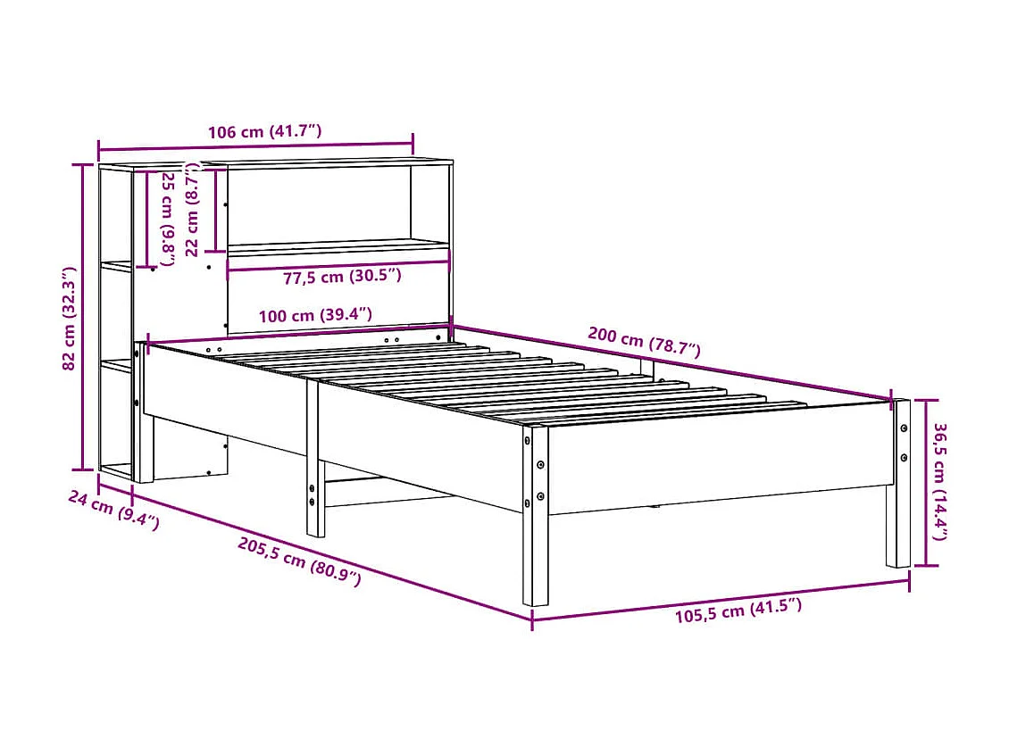 Lit bibliothèque sans matelas cire marron 100x200 cm pin massif