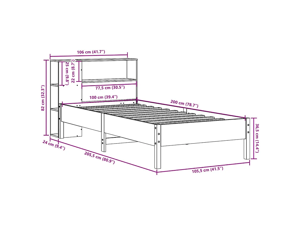 Lit bibliothèque sans matelas cire marron 100x200 cm pin massif