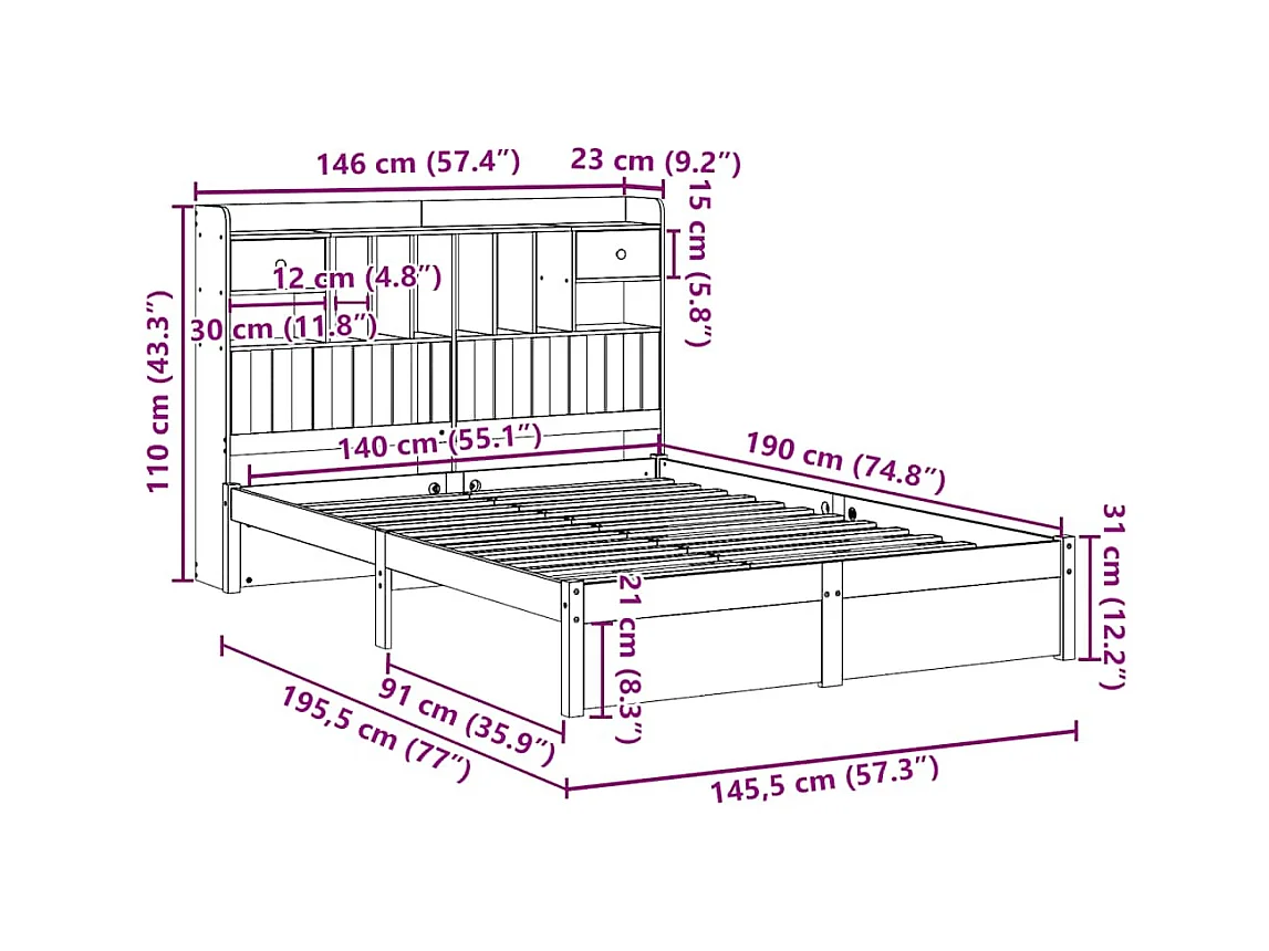 Lit bibliothèque sans matelas 140x190 cm bois de pin massif