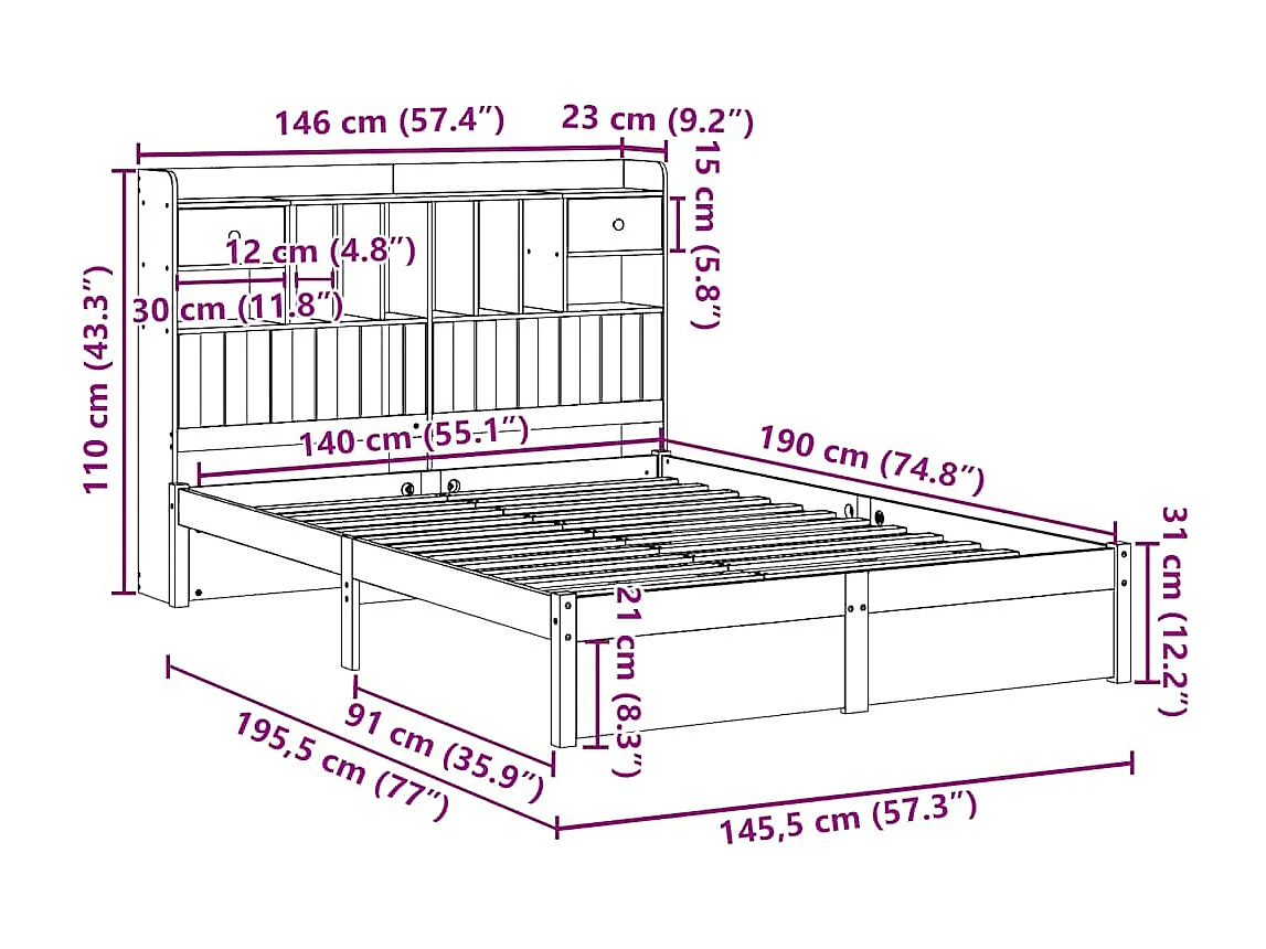 Bed met boekenkast zonder matras massief grenenhout 140x190 cm