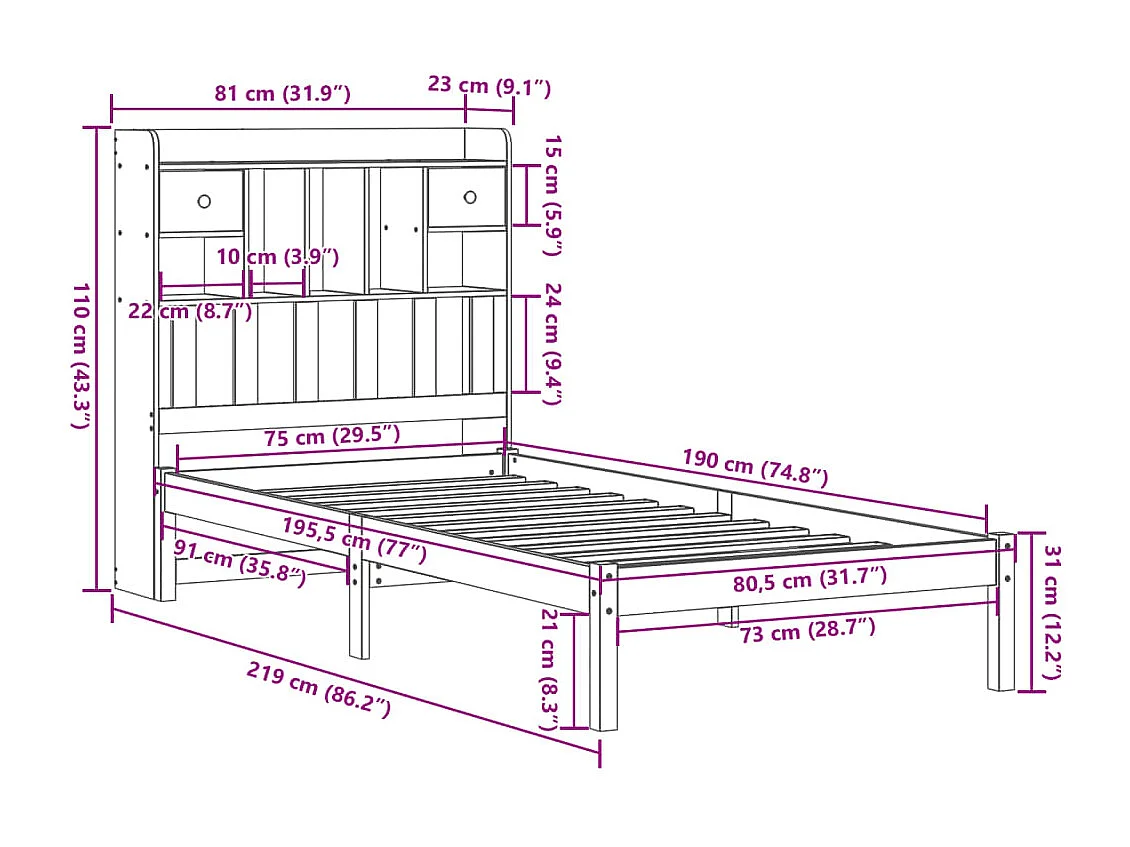 Bed met boekenkast zonder matras grenenhout wit 75x190 cm