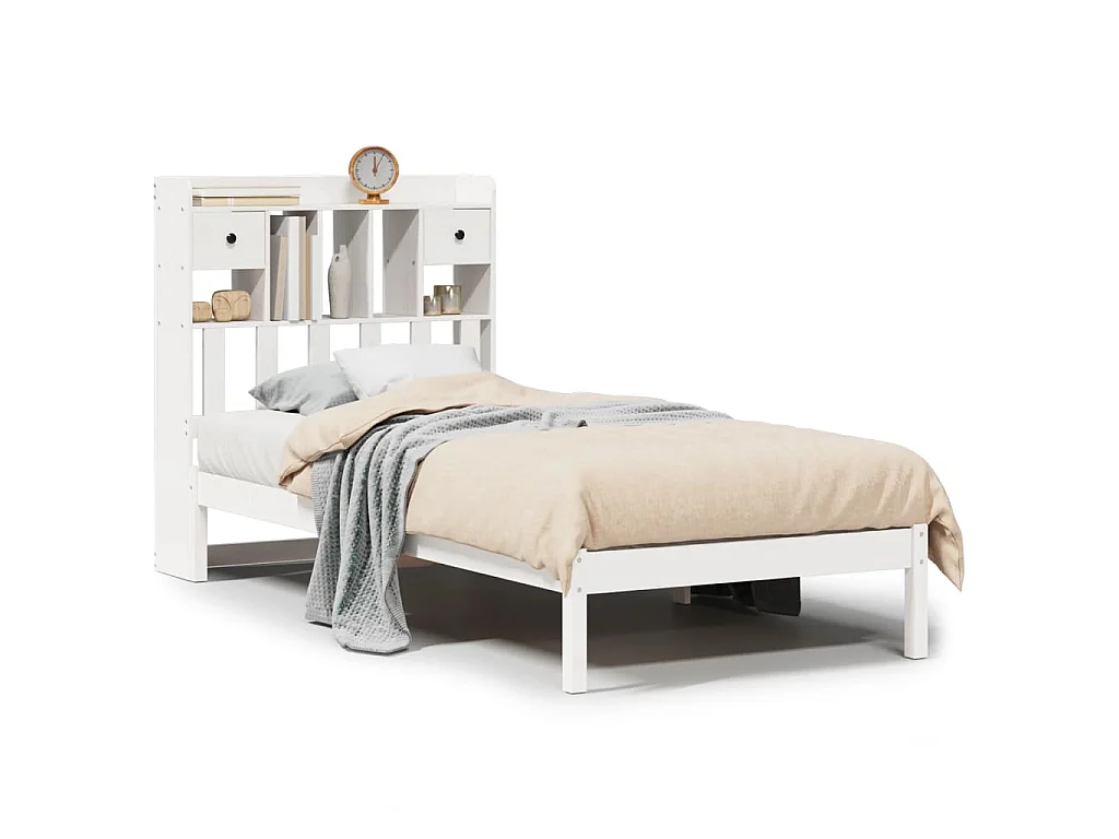 Lit bibliothèque sans matelas blanc 75x190cm bois de pin massif