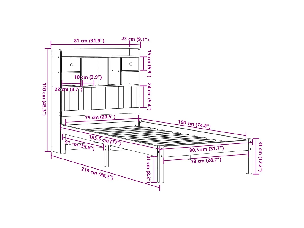 Lit bibliothèque sans matelas blanc 75x190cm bois de pin massif