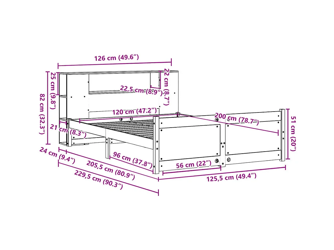 Lit bibliothèque sans matelas 120x200 cm bois de pin massif