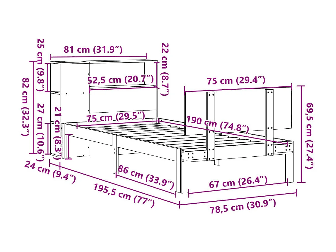 Bücherregalbett ohne Matratze 75x190 cm Massivholz Kiefer
