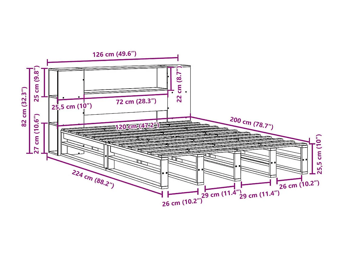 Bed met boekenkast zonder matras massief hout wit 120x200 cm