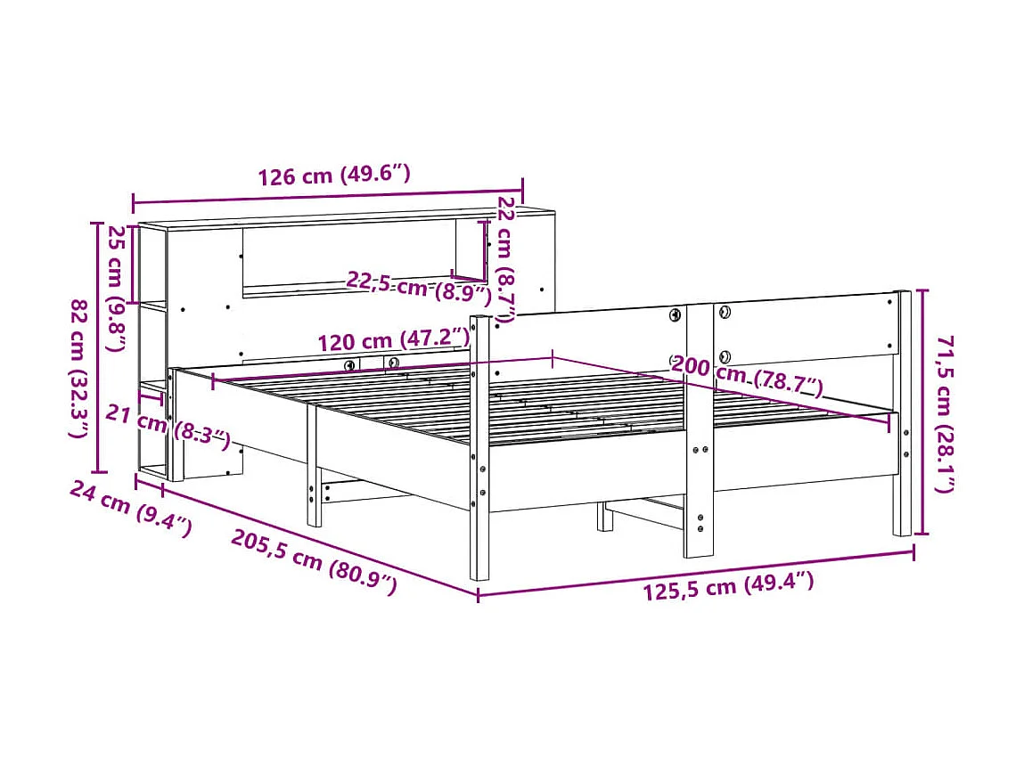 Massivholzbett mit Regal ohne Matratze Weiß 120x200 cm Kiefer