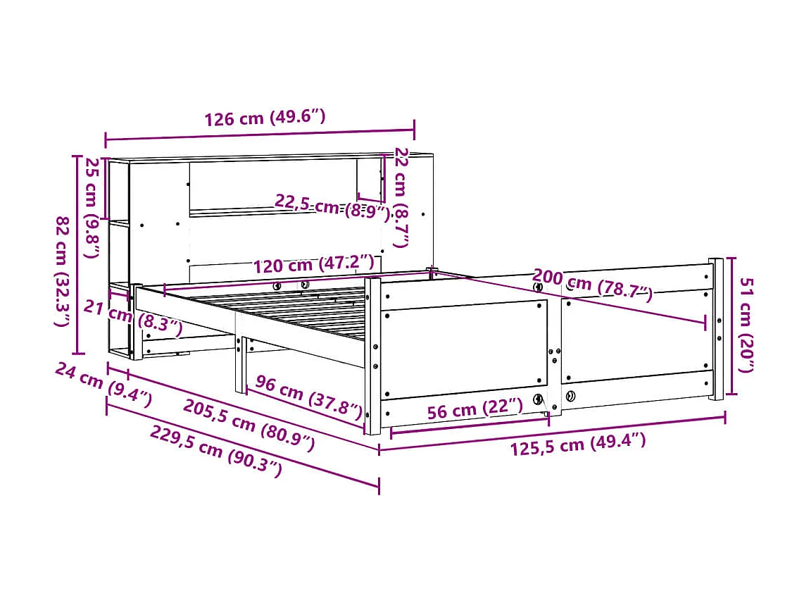 Lit bibliothèque sans matelas blanc 120x200 cm bois pin massif