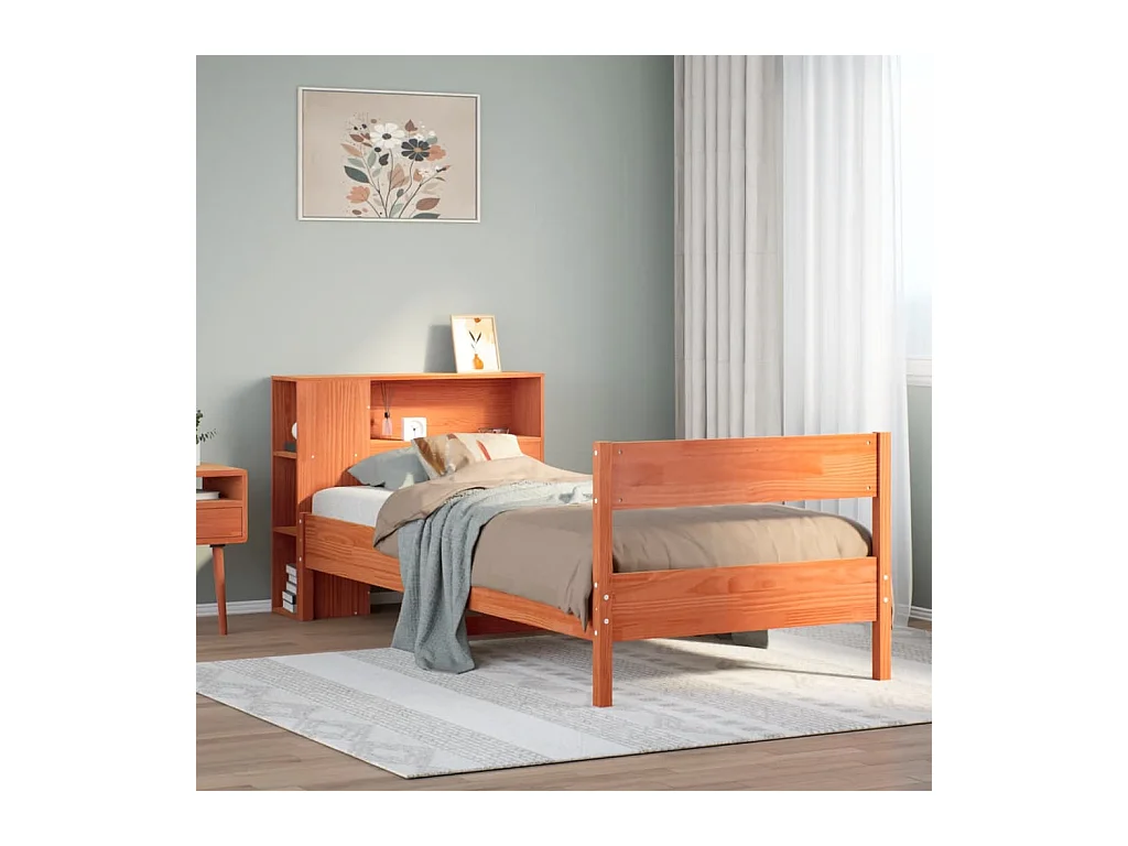 Massivholzbett mit Regal ohne Matratze Wachsbraun 100x200 cm