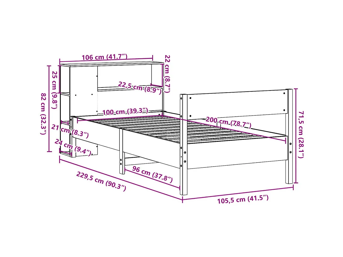 Massivholzbett mit Regal ohne Matratze Wachsbraun 100x200 cm