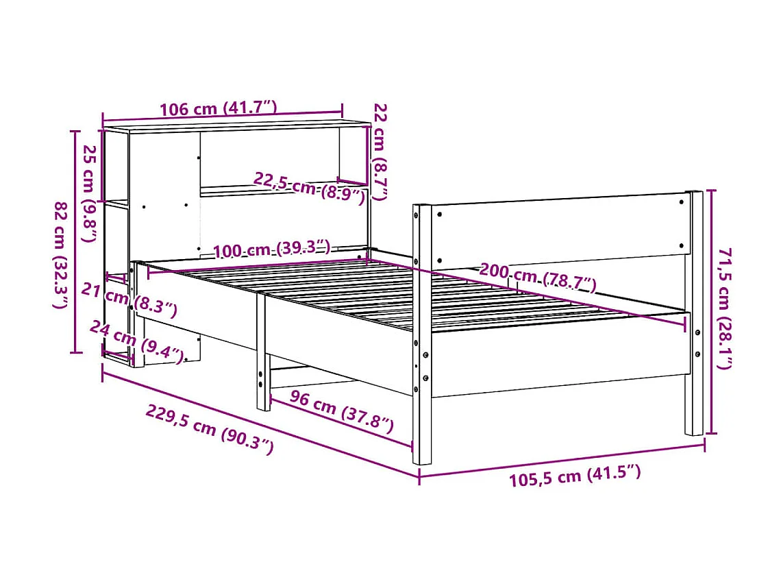 Lit bibliothèque sans matelas cire marron 100x200 cm pin massif