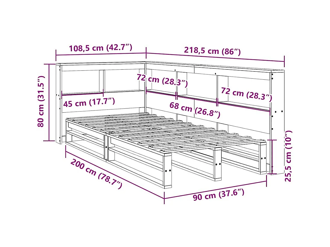 Letto Libreria senza Materasso Bianca 90x200 cm Legno di Pino