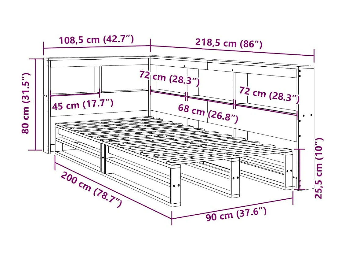 Cama com estante sem colchão 90x200 cm pinho maciço branco