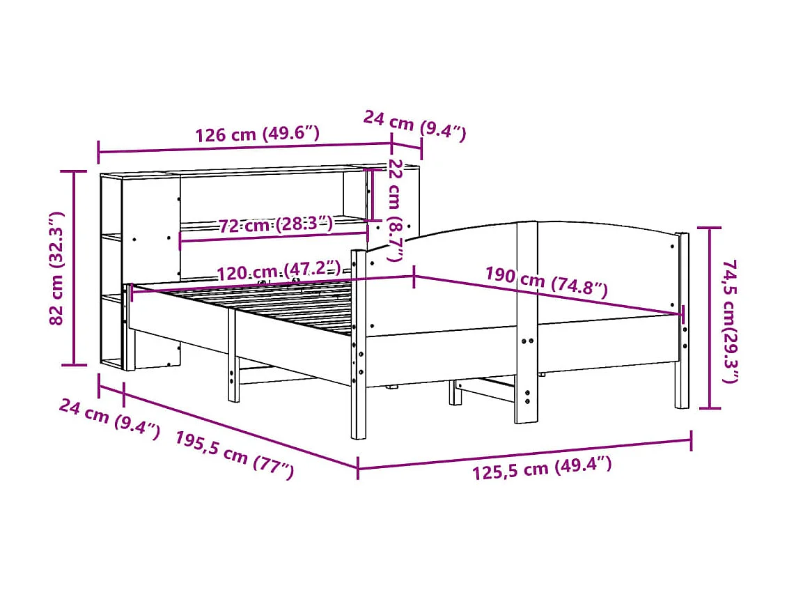 Letto Libreria senza Materasso 120x190 cm in Legno di Pino