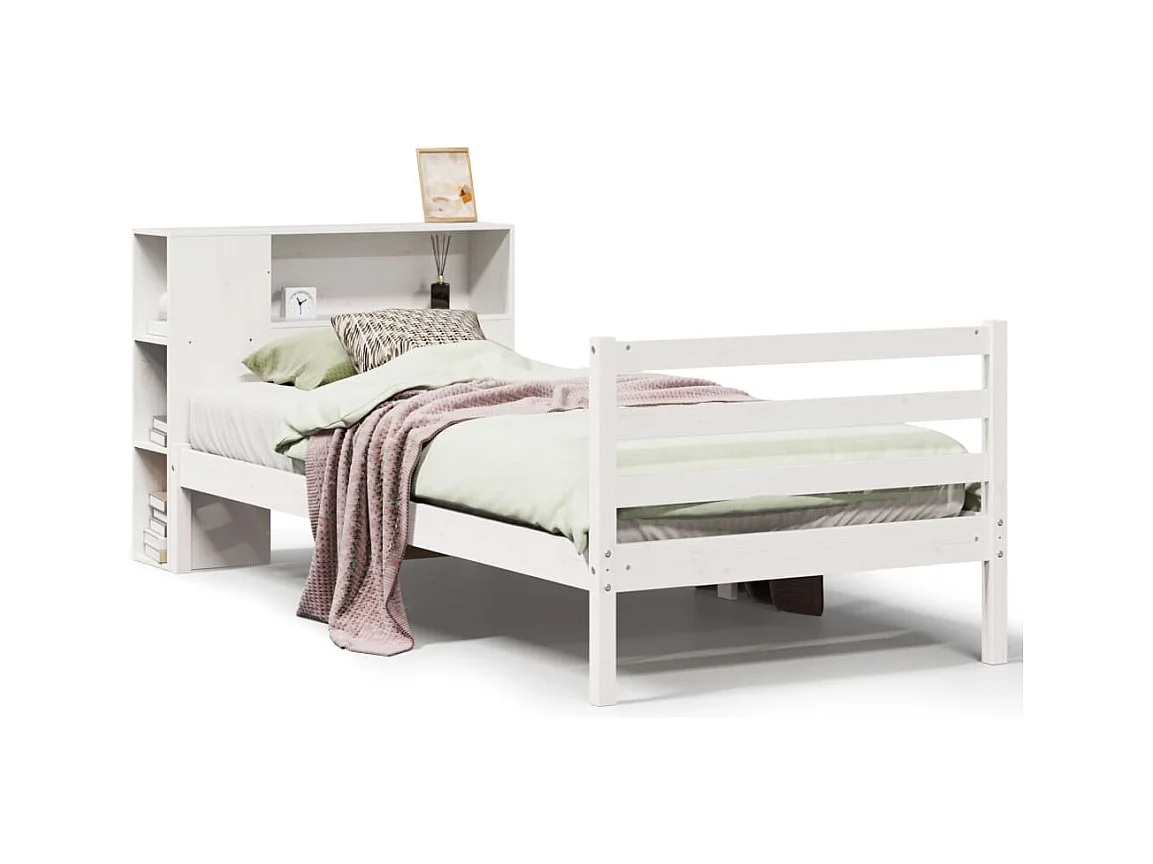 Lit bibliothèque sans matelas blanc 75x190cm bois de pin massif