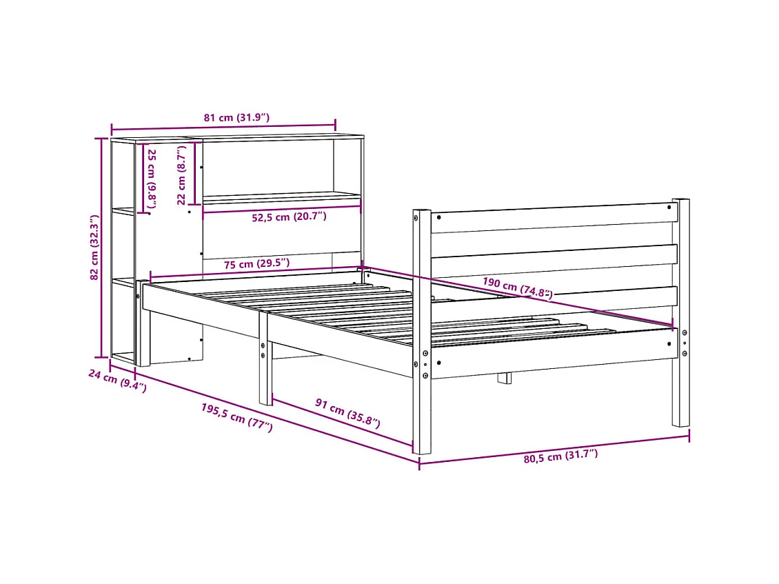 Lit bibliothèque sans matelas blanc 75x190cm bois de pin massif