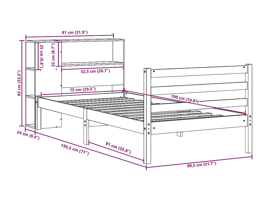 Lit bibliothèque sans matelas blanc 75x190cm bois de pin massif