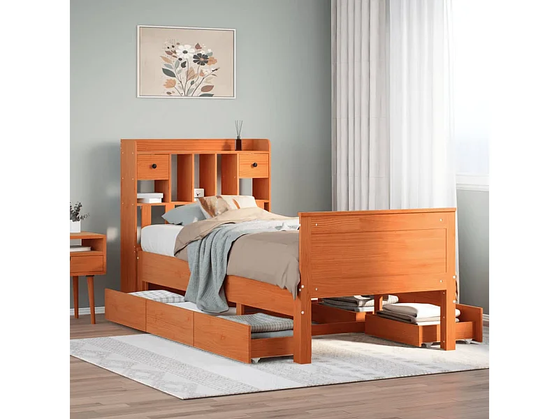 Lit bibliothèque sans matelas cire marron 75x190 cm pin massif