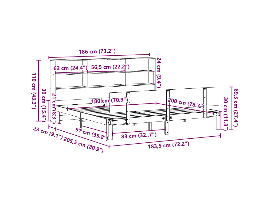 Giroletto con Libreria senza Materasso 180x200 cm in Legno Pino