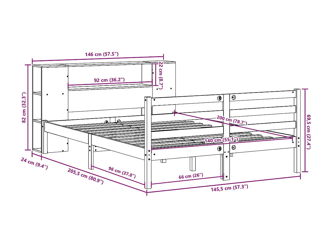 Massivholzbett mit Regal ohne Matratze 140x200 cm Kiefernholz