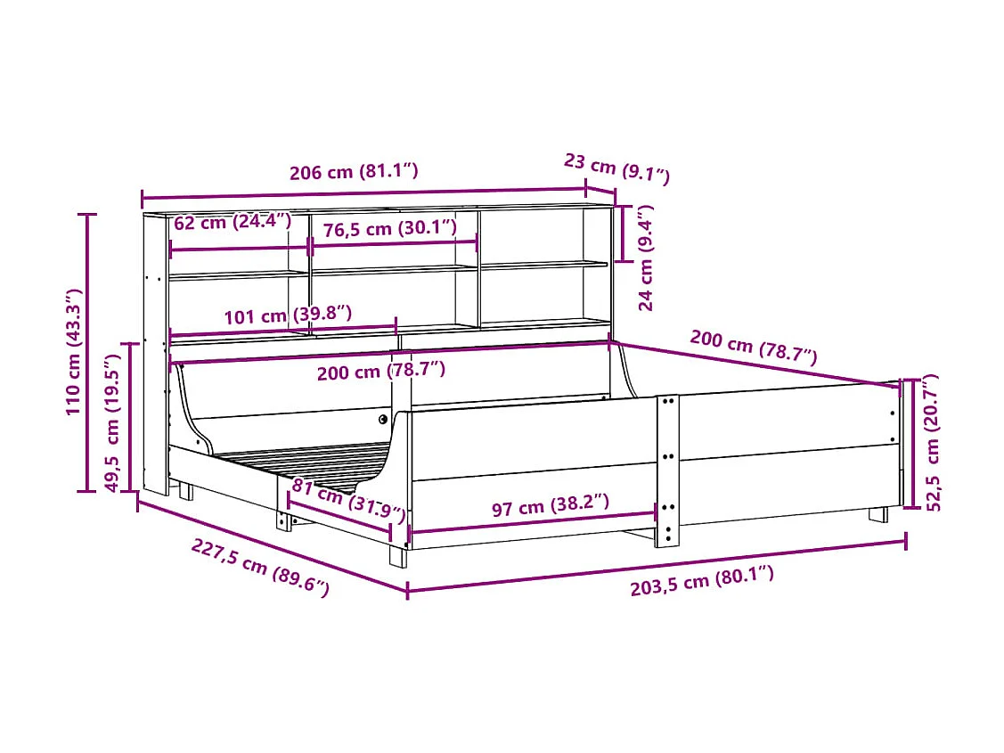 Bed met boekenkast zonder matras massief hout 200x200 cm