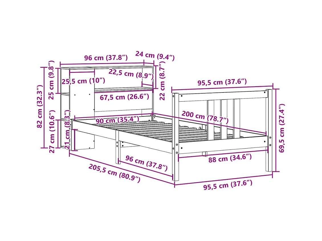 Letto Libreria senza Materasso Bianca 90x200 cm Legno di Pino