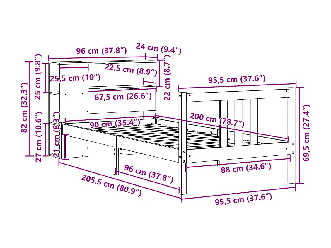 Bed met boekenkast zonder matras grenenhout wit 90x200 cm