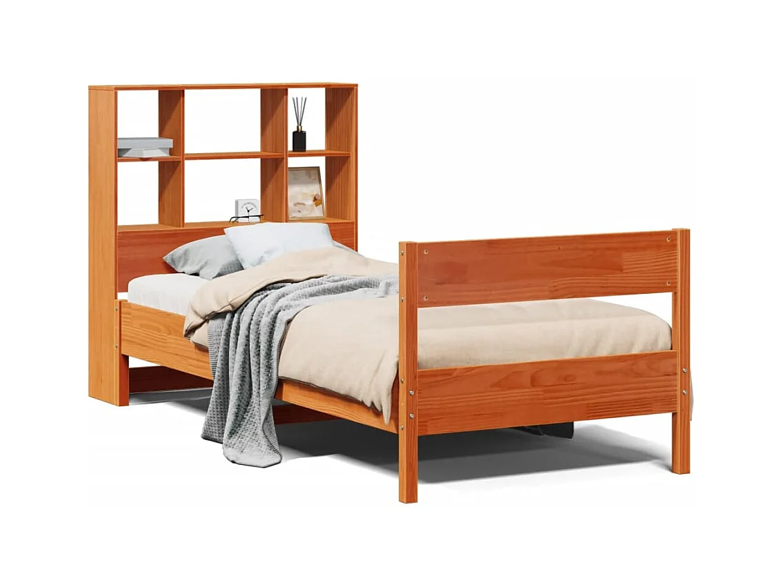 Massivholzbett mit Regal ohne Matratze Wachsbraun 90x200 cm