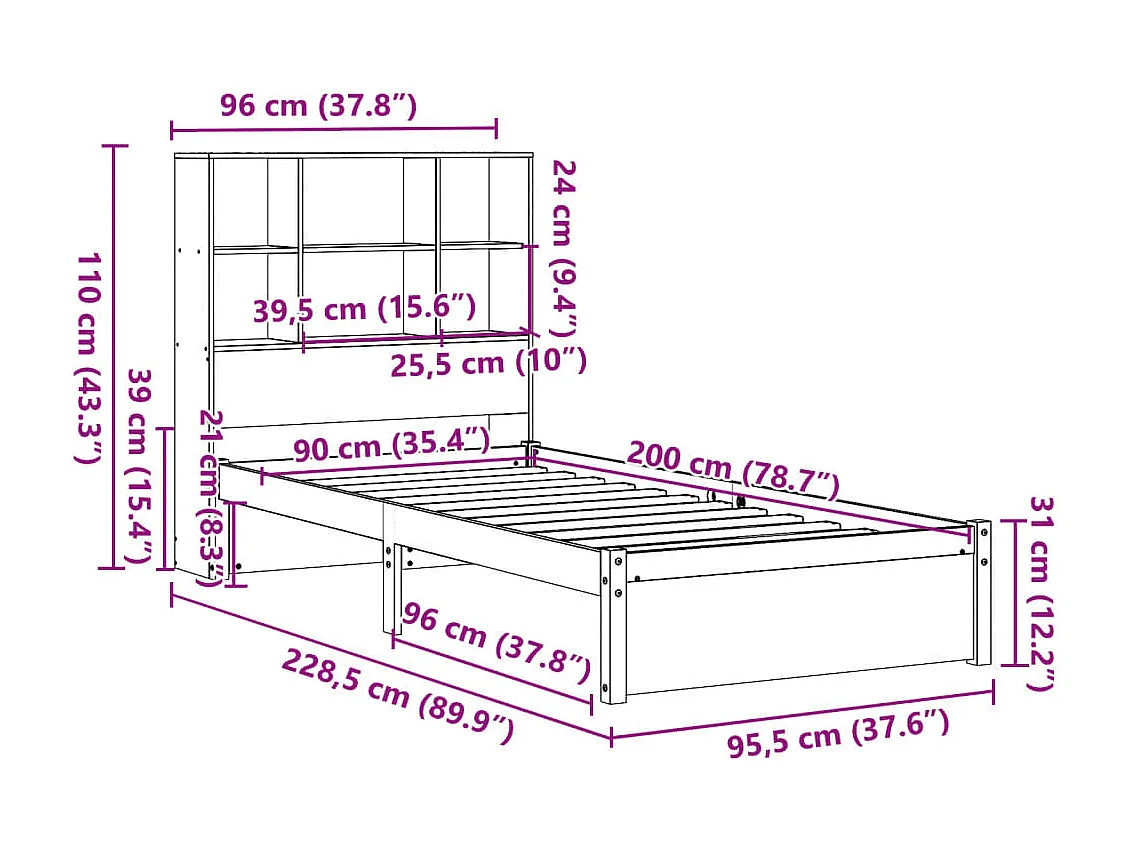 Cama com estante sem colchão 90x200cm pinho maciço castanho-mel
