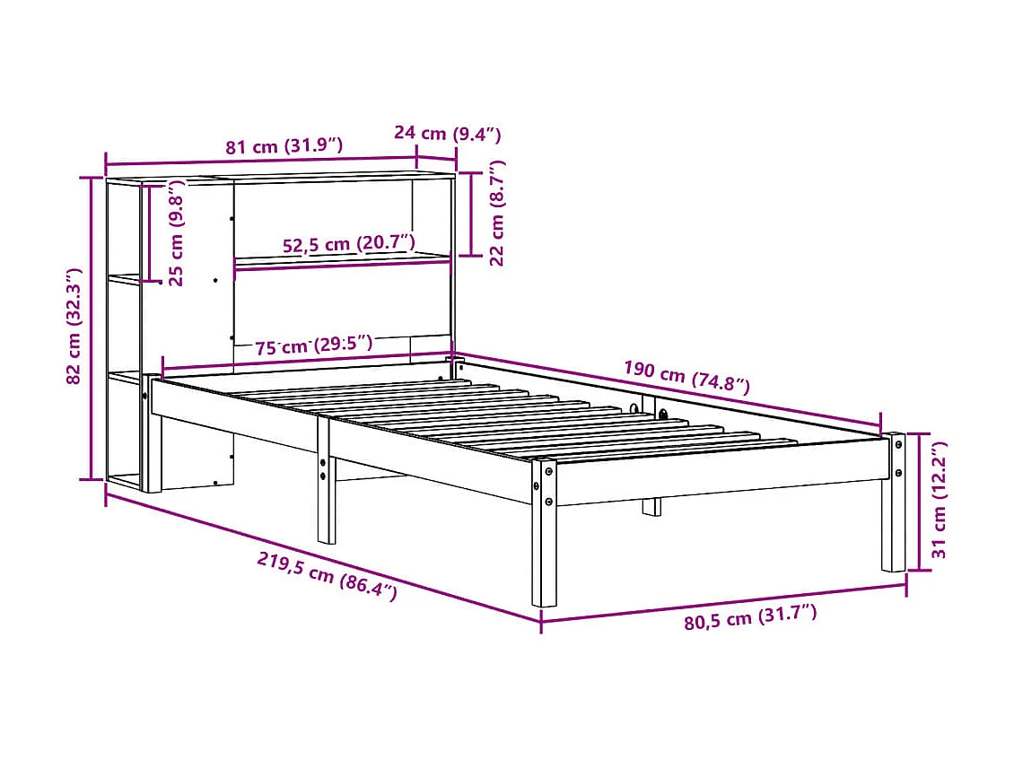 Letto Libreria senza Materasso Marrone Cera 75x190 cm in Pino