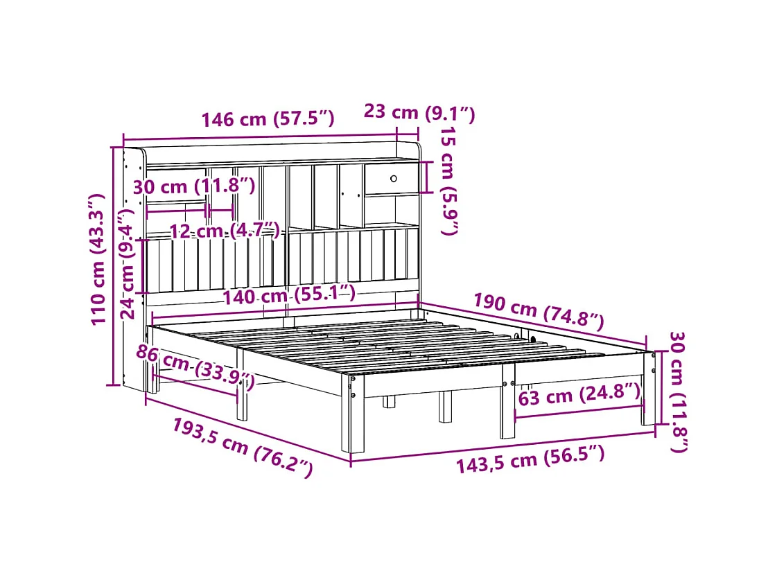Lit bibliothèque sans matelas blanc 140x190 cm bois pin massif