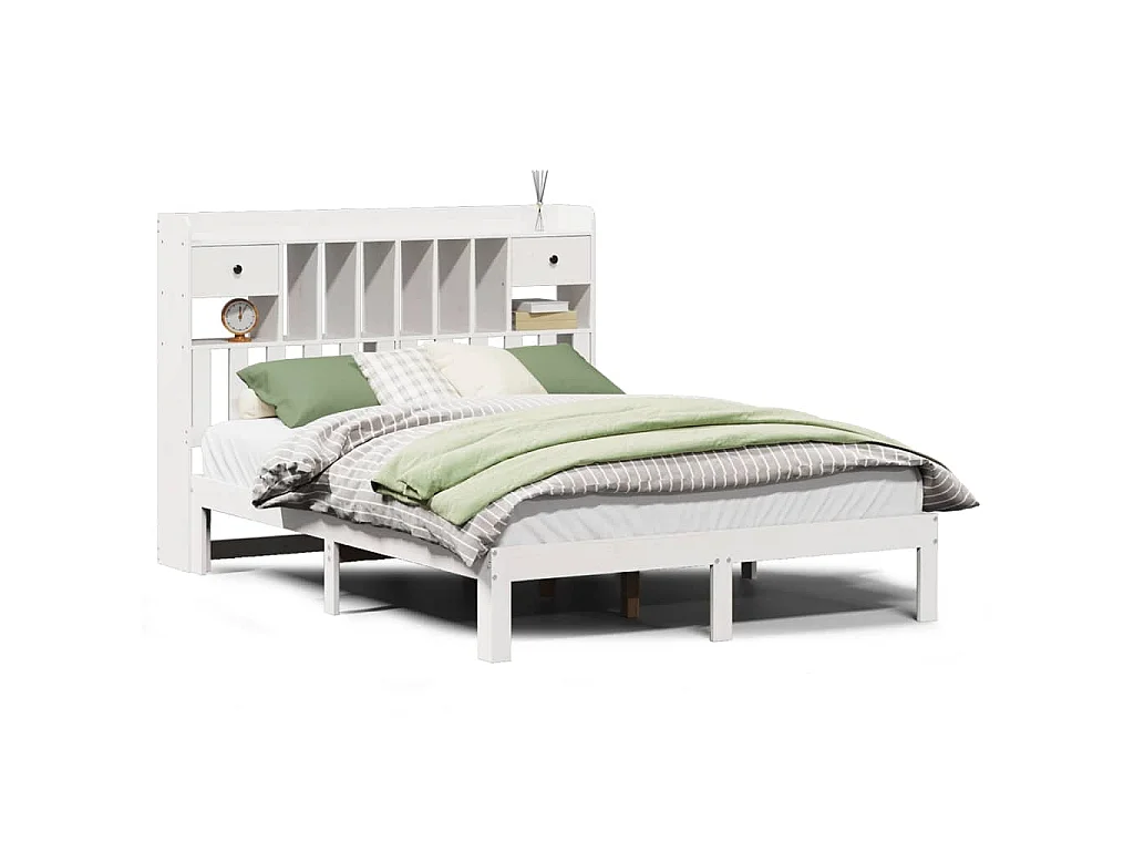 Lit bibliothèque sans matelas blanc 140x190 cm bois pin massif