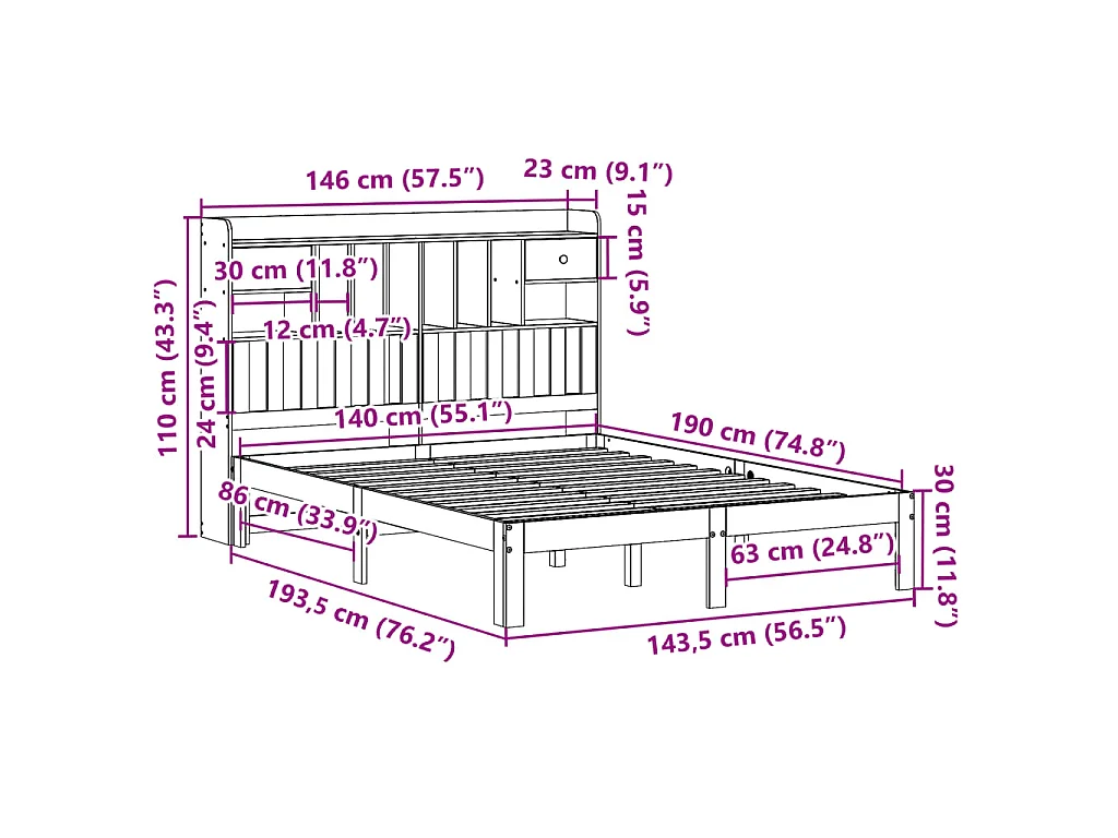 Lit bibliothèque sans matelas blanc 140x190 cm bois pin massif