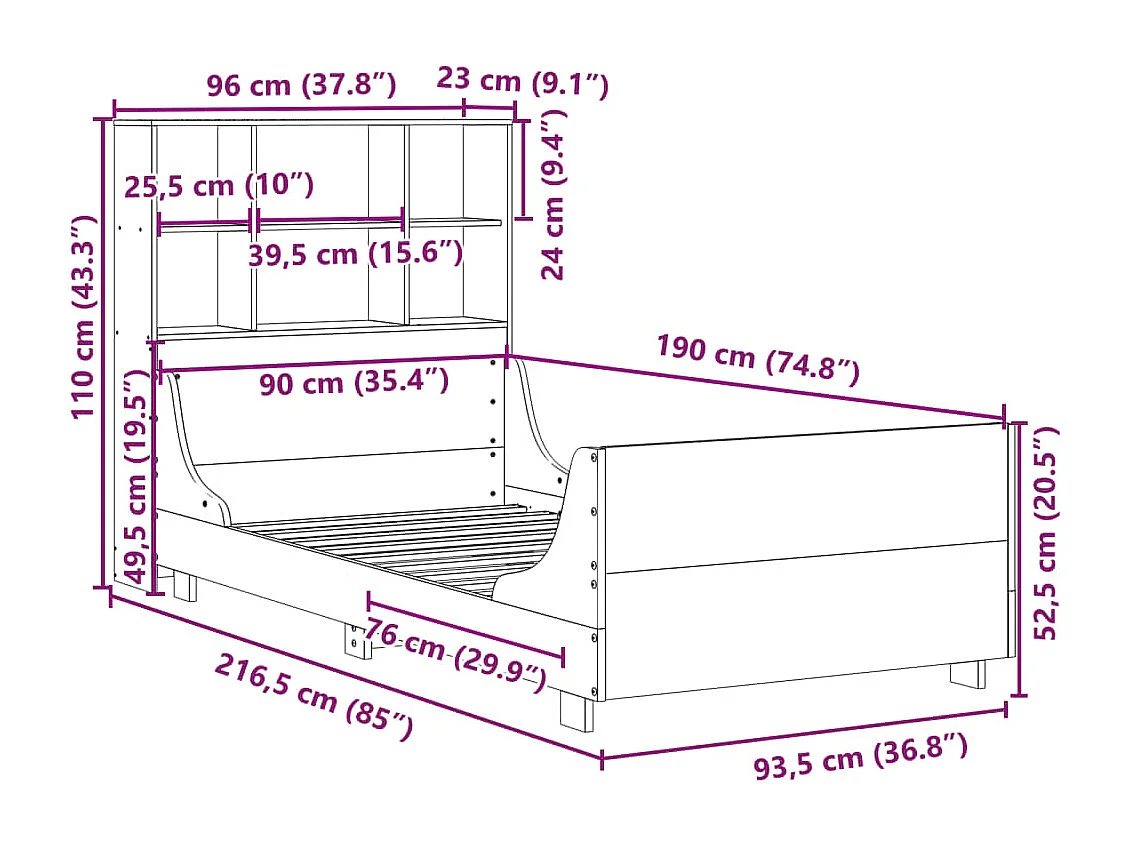 Cama com estante sem colchão 90x190 cm madeira maciça